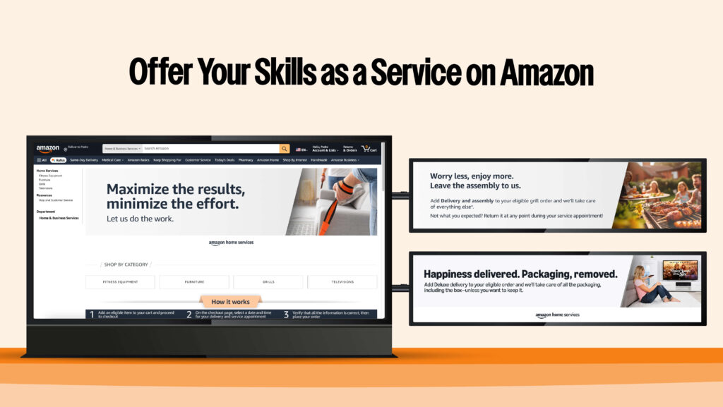 Visual: A professional offering services like home repairs or cleaning through Amazon’s platform (with an image of the service page). Text on Image: “Offer Your Skills as a Service on Amazon” Purpose: Show how various services can be marketed on Amazon.