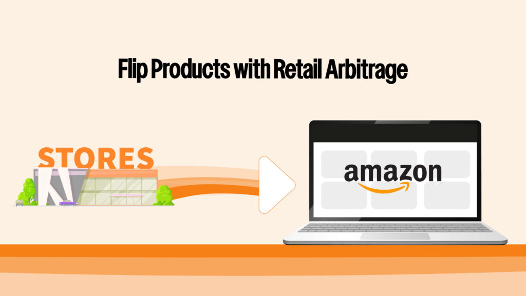 Text on Image: “Flip Products with Retail Arbitrage” Purpose: Show how to find profitable products to sell on Amazon.