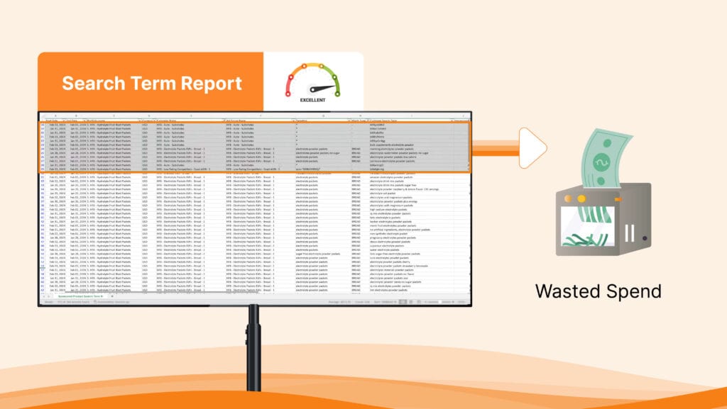 Visual: A screenshot or graphic representation of a search term report. Elements: List of irrelevant search terms (e.g., "cheap phone case" when selling premium ones). Highlighted negative keywords being added (e.g., "cheap," "used," "free"). A small before/after effect showing reduced wasted ad spend.