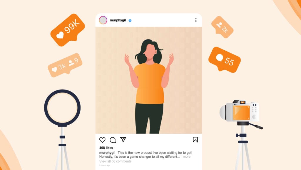 A mock social media post featuring an influencer unboxing an Amazon product.