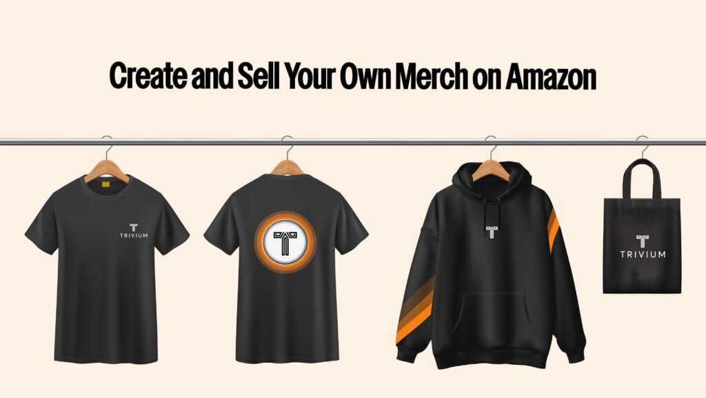 Visual: A design mockup of a T-shirt, hoodie, and tote bag with an Amazon logo. Text on Image: “Create and Sell Your Own Merch on Amazon” Purpose: Visualize the Merch by Amazon concept with design examples.
