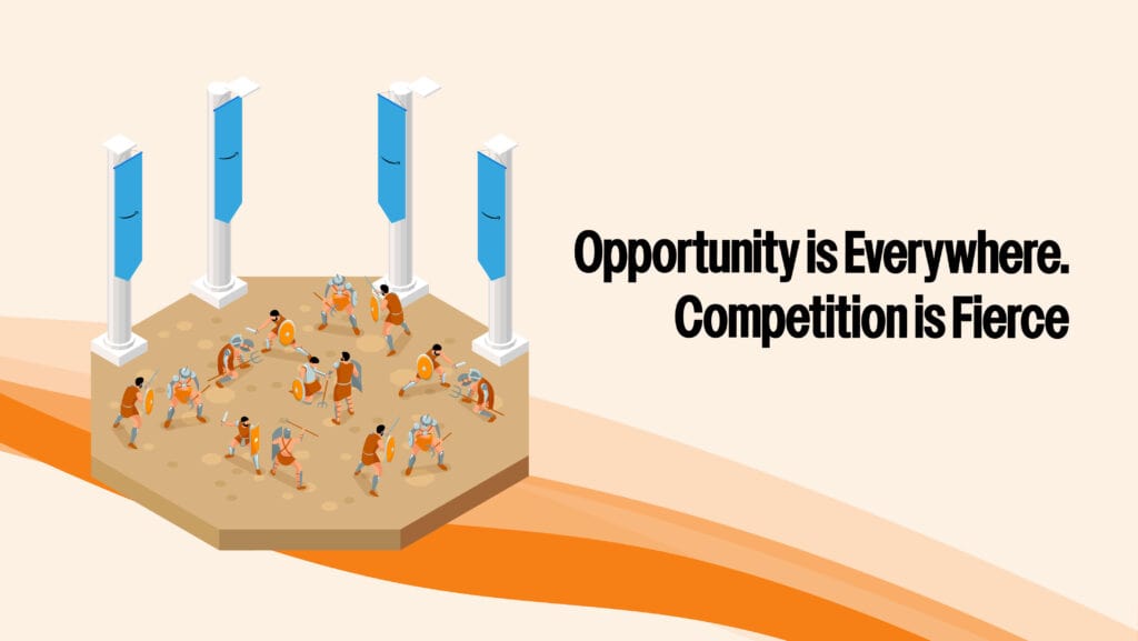 Amazon sellers competing in a high-stakes marketplace—opportunity meets competition. PPC strategy by Trivium Group.