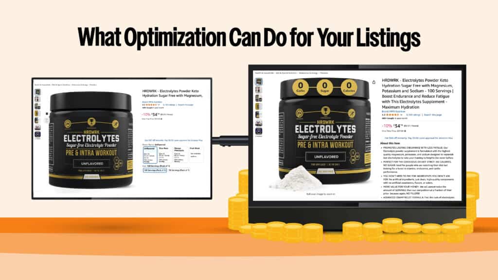 Amazon listing before vs. after optimization—better images, copy, and SEO boost rankings and sales. #TriviumAmazon