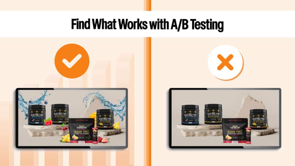 A/B testing graphic comparing two ad variations, highlighting performance metrics and showcasing the winning ad for optimizing Sponsored Product campaigns