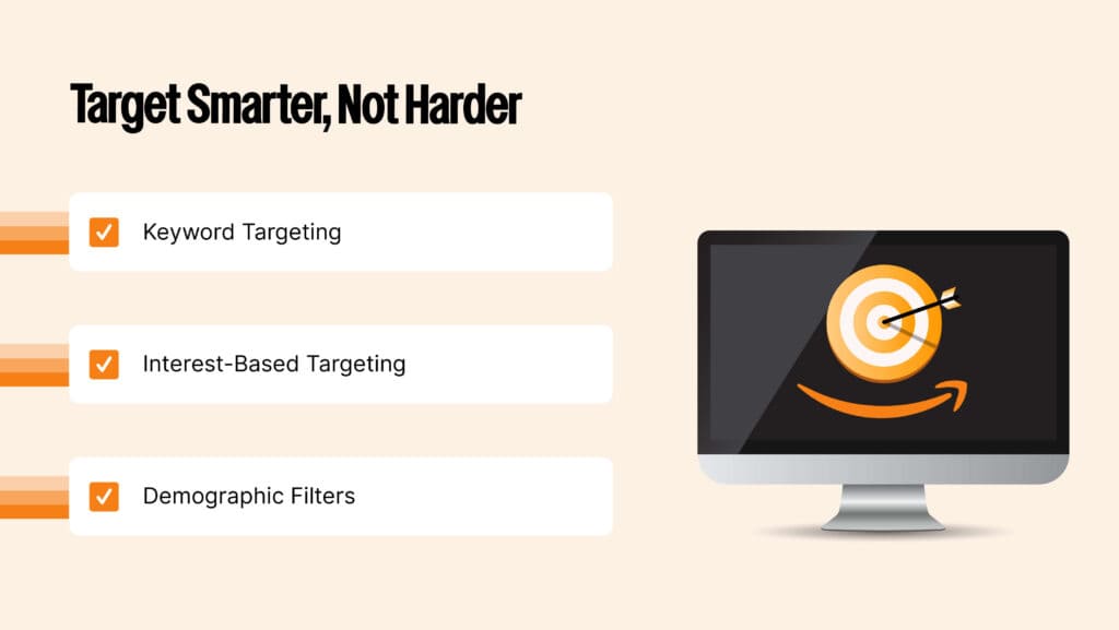 Infographic illustrating Amazon’s targeting options, including keyword targeting, interest-based targeting, and demographic filters for precision ad placement.